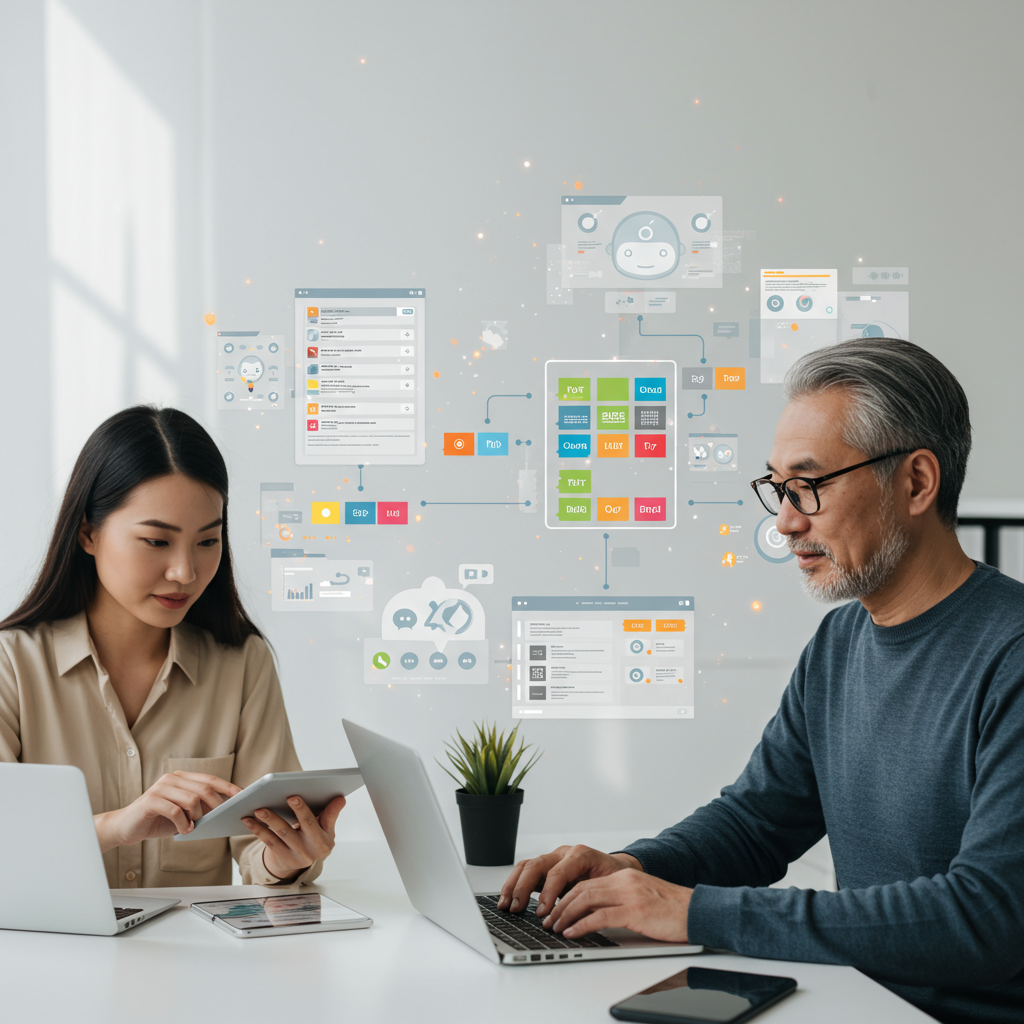 A small business team using a no-code AI agent builder platform on laptops and tablets, with visual elements showing drag-and-drop interfaces and workflow automation