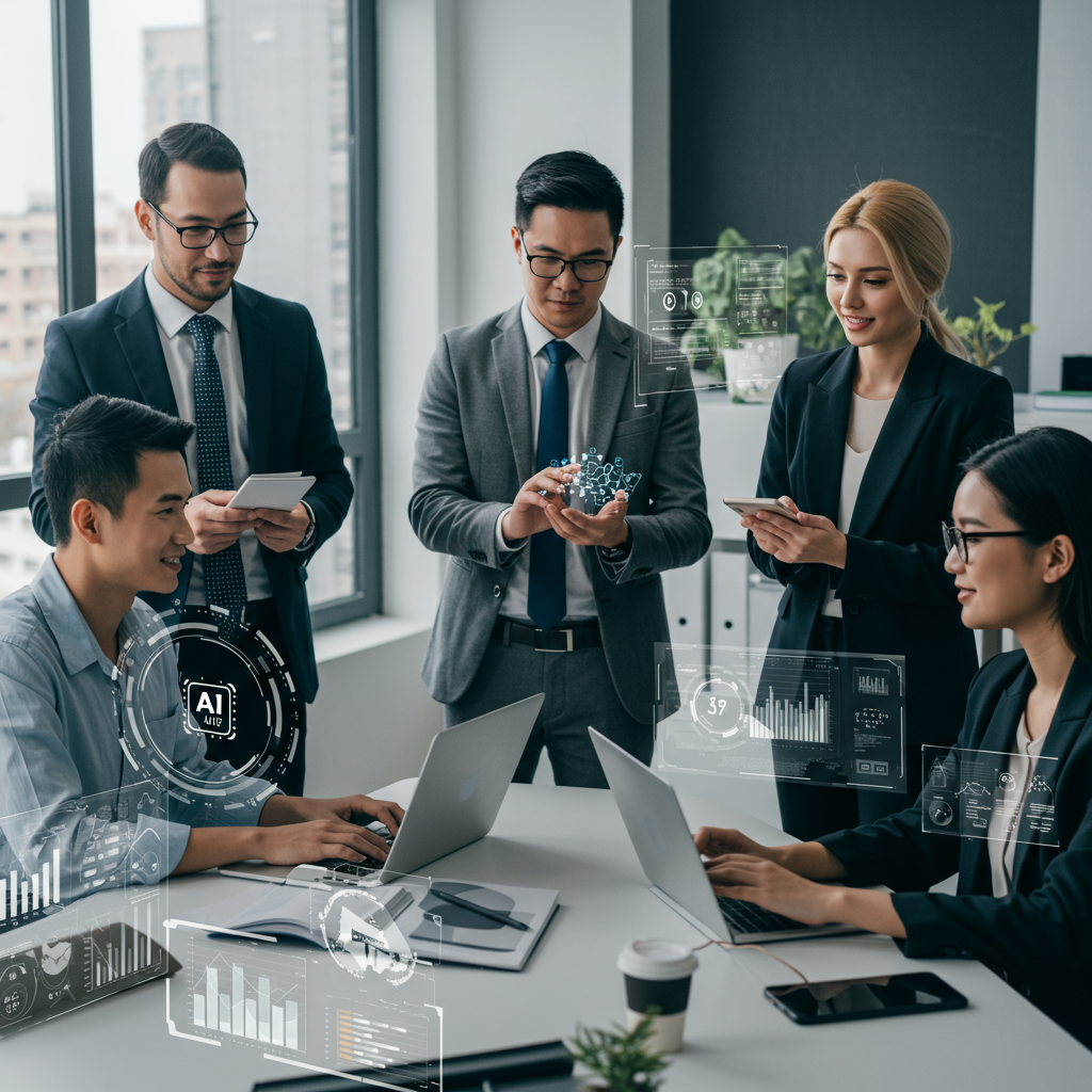 Diverse SME owners collaborating with futuristic AI technology interfaces demonstrating no-code AI automation workflows in a modern office setting