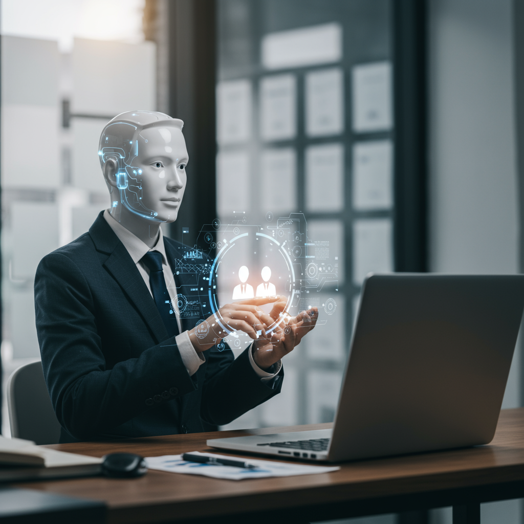 A small business office with an AI virtual employee represented as a futuristic digital assistant helping with compliance tasks like monitoring regulations and managing audit trails, showing a modern SME environment with technology integration