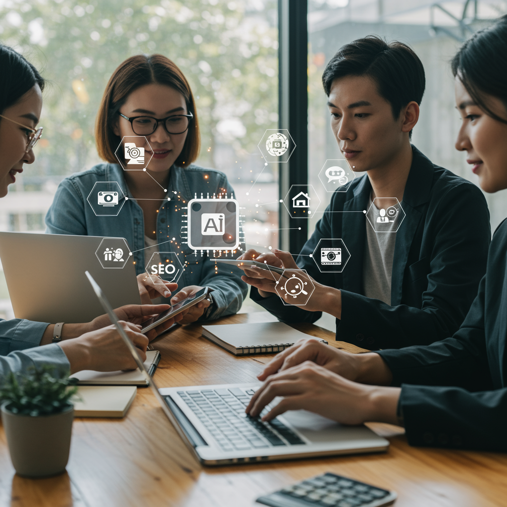 Diverse small business professionals collaborating in a modern office using AI technology for content creation and marketing automation