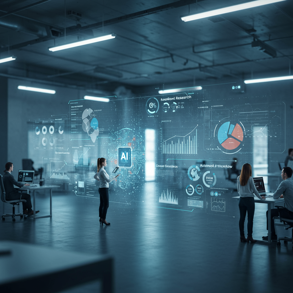 A futuristic AI content generation process with digital screens showing keyword research, SEO optimisation, and automated publishing workflow in a modern office environment