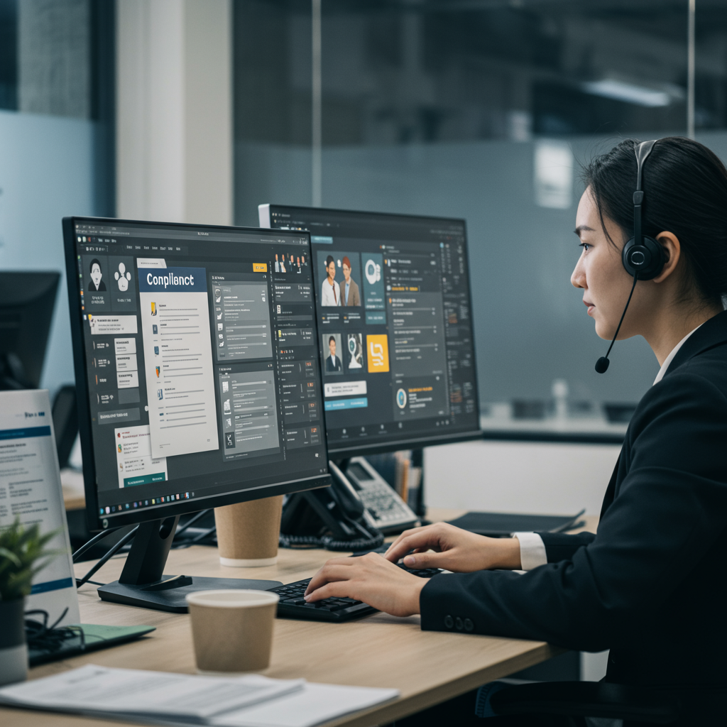 Small or medium-sized business office environment showing employees working on computers with compliance documents and customer service interactions on screens, representing automation of compliance and customer service workflows