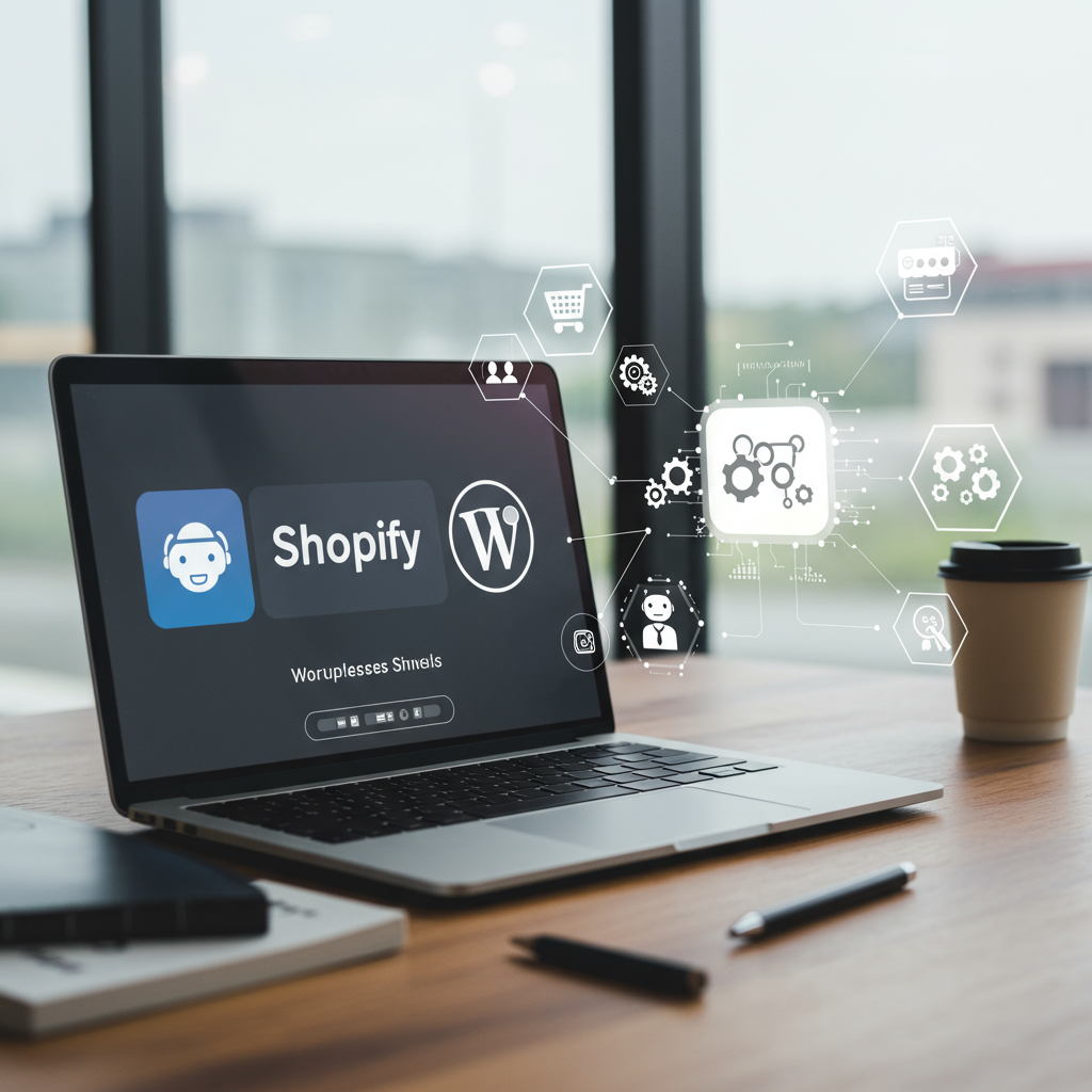 Modern e-commerce workspace with laptop displaying Shopify and WordPress logos, surrounded by AI automation icons representing workflow efficiency for SMEs