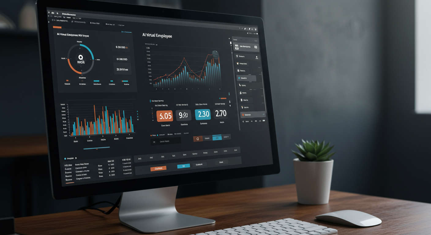 Dashboard view of AI virtual employee ROI metrics on a computer screen, showing time saved, cost reductions, and revenue impact, sleek and user-friendly interface