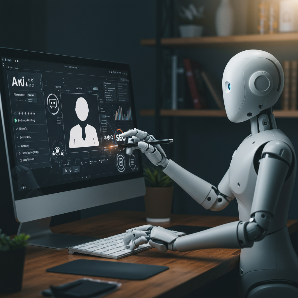 An AI virtual employee working on workflow automation in a small business setting, managing content publishing and SEO tasks on a computer, highlighting efficiency and time-saving benefits for SMEs