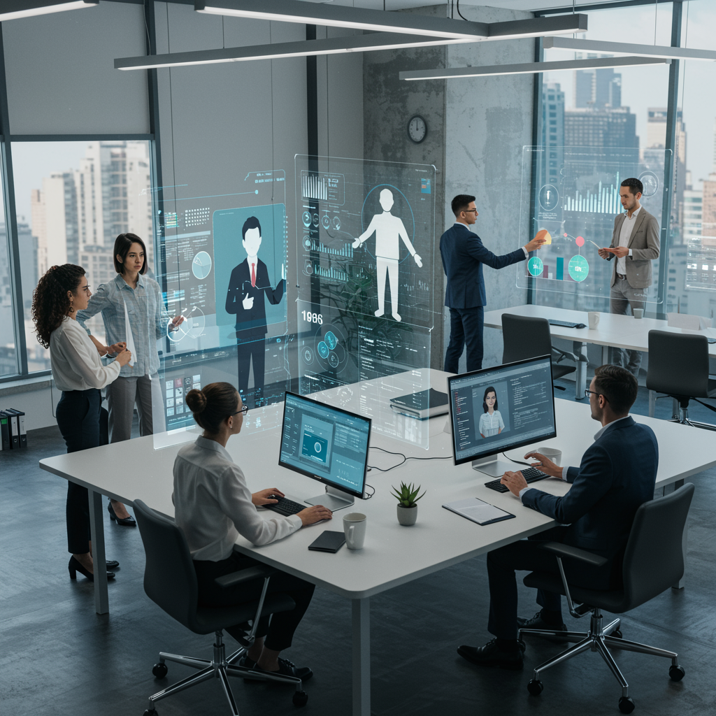 Diverse small business owners interacting with AI virtual employees in a modern office, representing SME automation and AI-driven workflow, SEO, and compliance management.