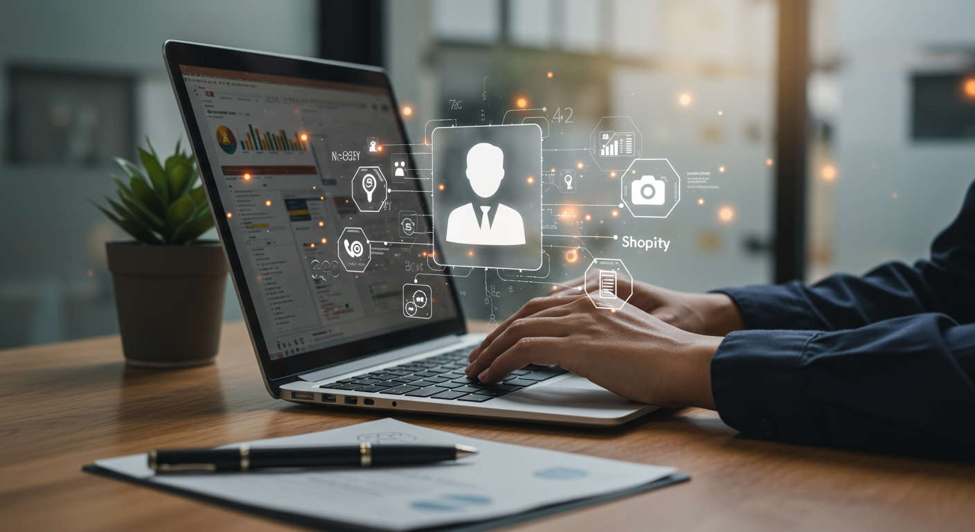 Small business owner setting up no-code AI lead generation workflows on Shopify using a laptop, with AI virtual employee interface visible in a bright and user-friendly environment
