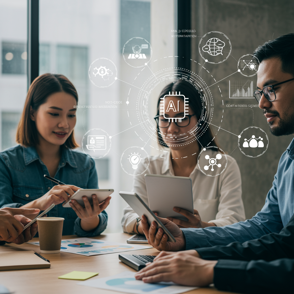 Diverse small business owners using digital devices with AI and automation icons in a modern office environment