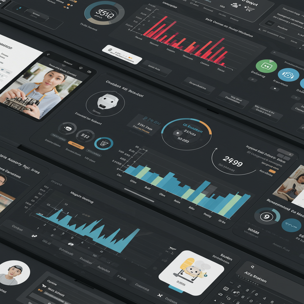 A modern Shopify e-commerce store dashboard showing integrated AI automation tools managing customer support and sales workflows, with graphs and data analytics on screen