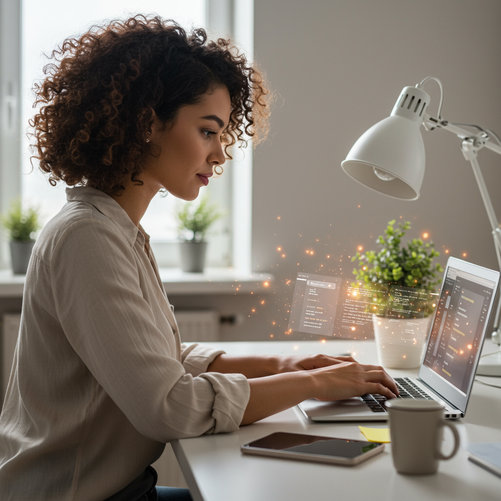 Human and AI collaboration in content creation, showing a person working on a laptop with AI-generated text suggestions on screen, blending creativity and technology in a bright workspace