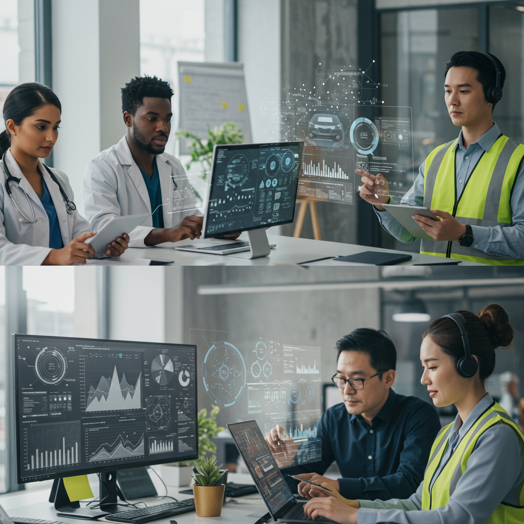 A diverse group of professionals from various industries using AI technologies like machine learning, autonomous AI agents, and generative AI in sectors such as healthcare, automotive, finance, and retail