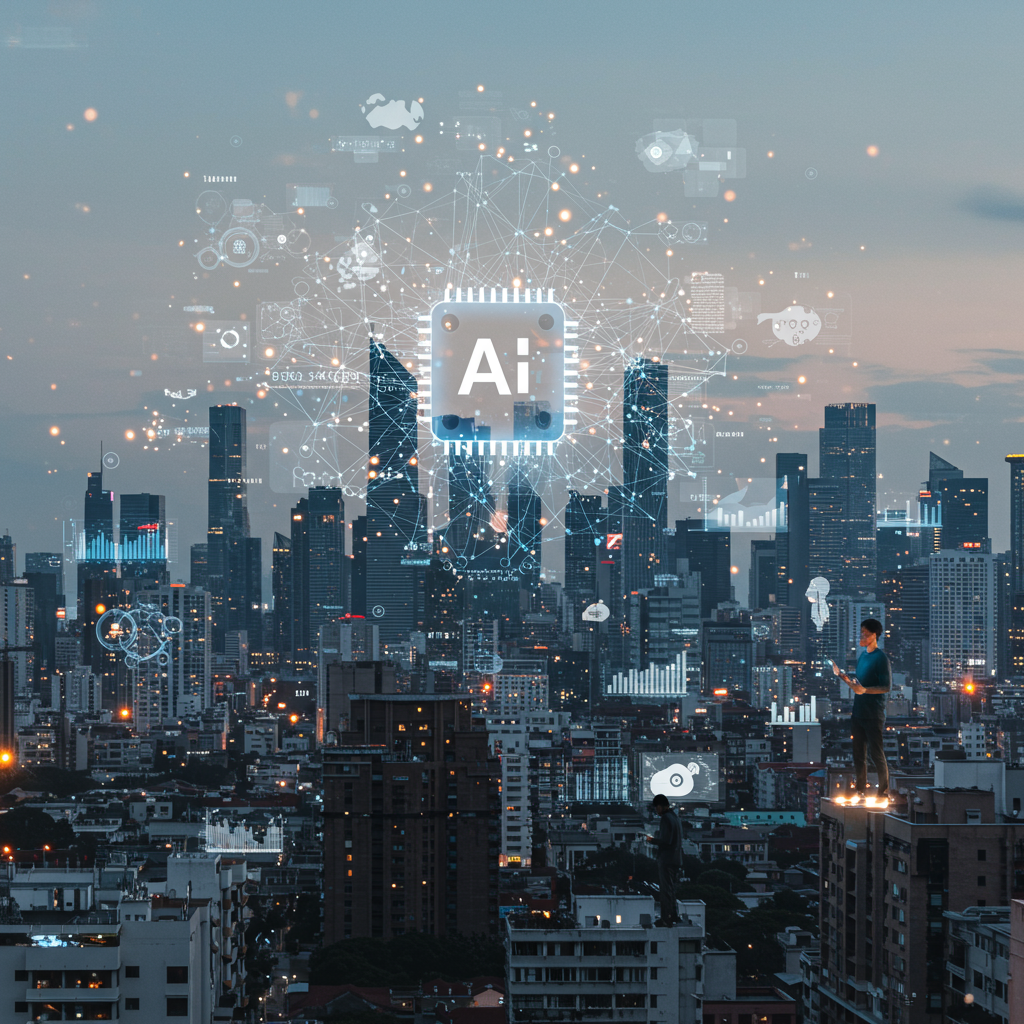 Futuristic cityscape with digital AI neural network patterns and diverse people interacting with technology, symbolising AI investment and innovation