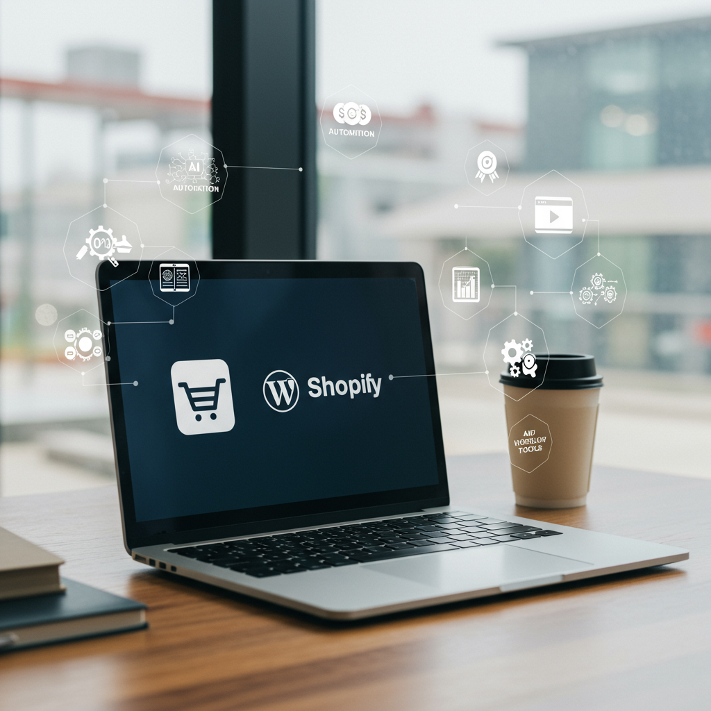 Modern workspace with laptop displaying Shopify and WordPress logos, surrounded by AI automation and e-commerce icons symbolising efficient workflow for SMEs