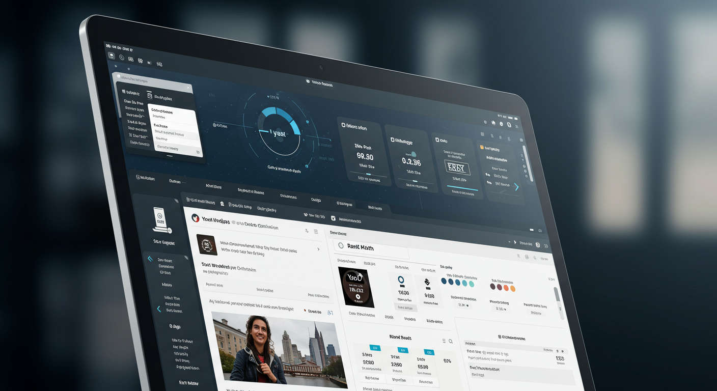 WordPress dashboard with SEO plugins like Yoast and Rank Math, AI-generated blog post optimisation, digital marketing concept