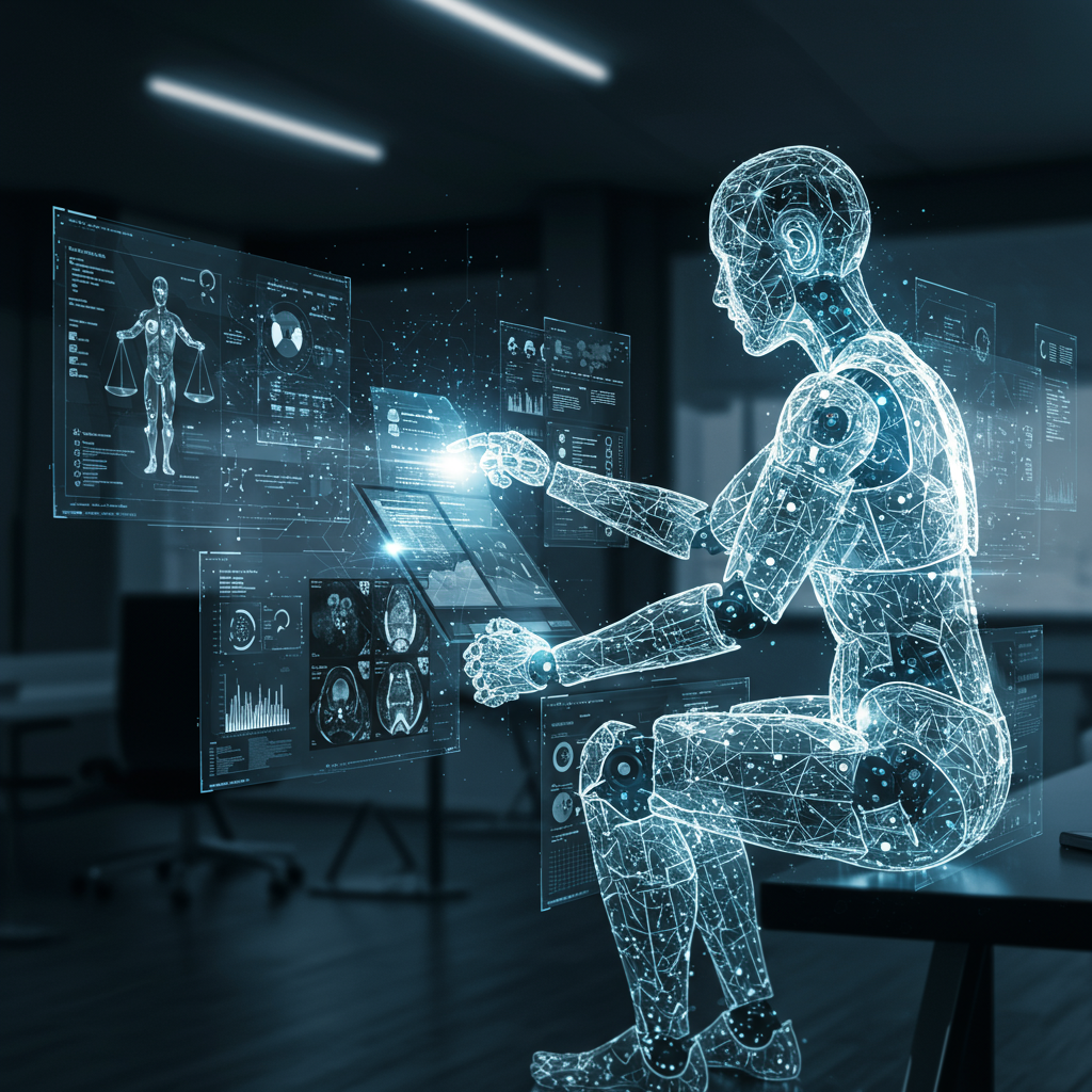 A futuristic AI virtual employee working in a professional office environment, surrounded by digital interfaces and data streams, symbolising intelligent automation and continuous learning in law, medicine, and psychology