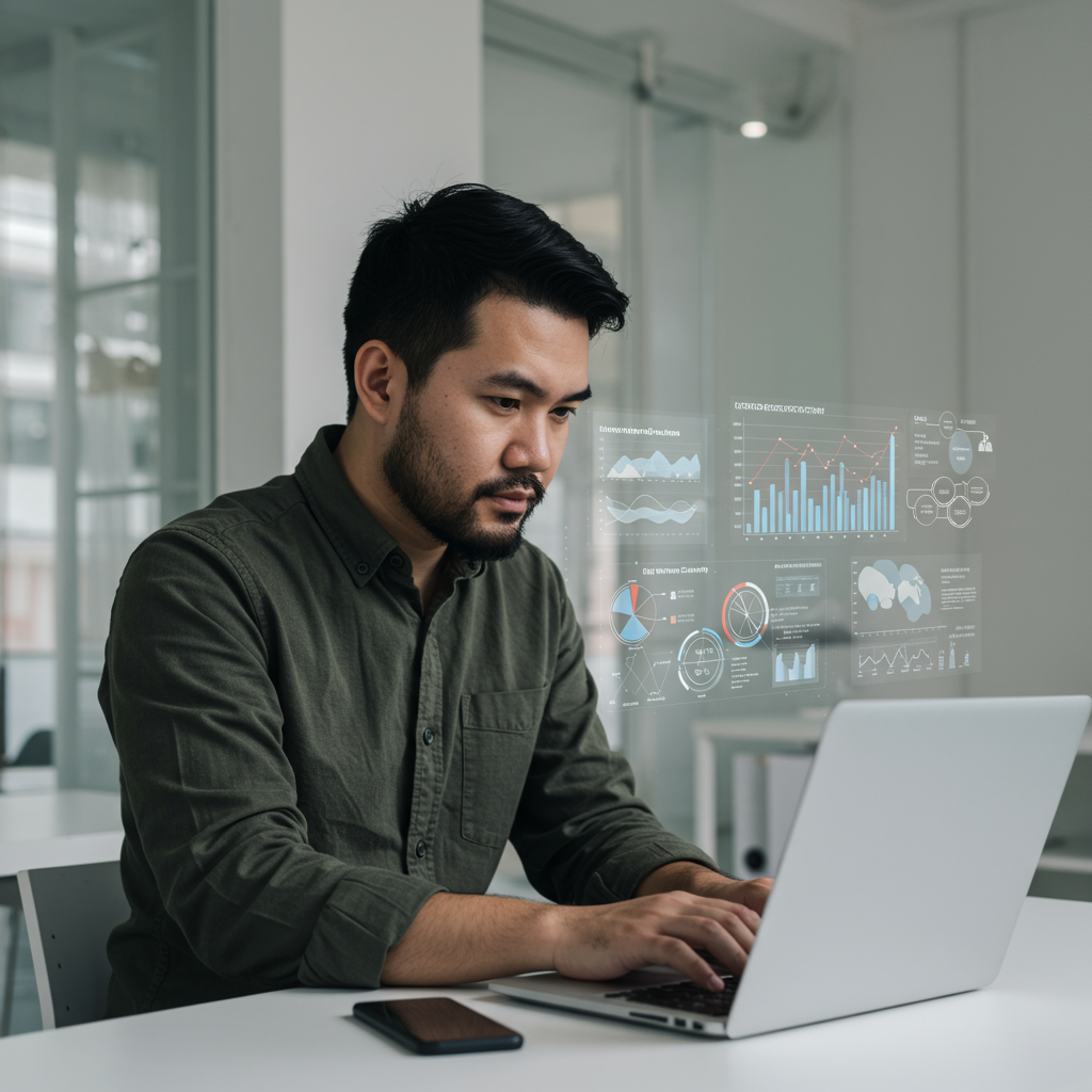 A small business owner using AI tools on a laptop to optimise SEO, with charts showing keyword research and content optimisation in the background, modern office setting