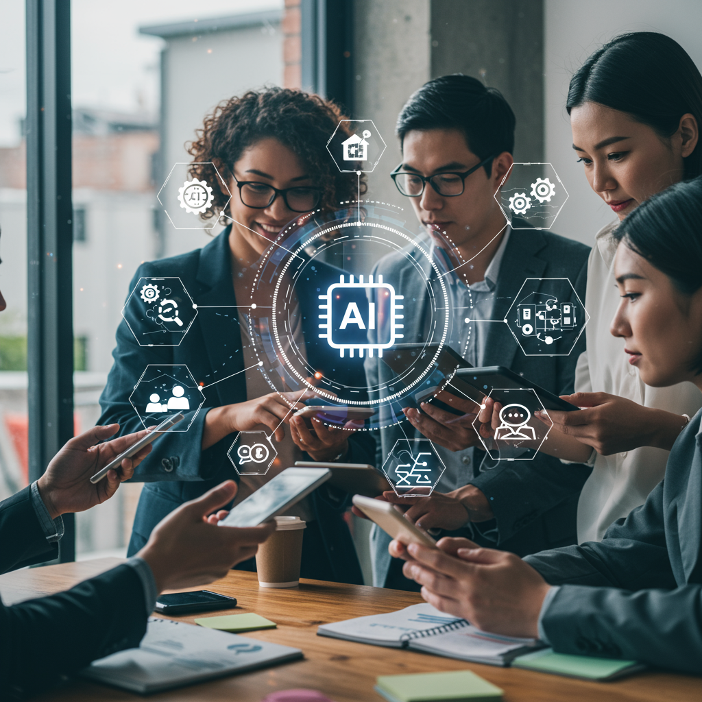 Diverse SME owners collaborating with digital devices surrounded by AI automation and no-code workflow icons in a modern office environment