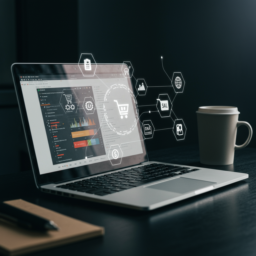 Modern e-commerce workspace with a laptop displaying Shopify interface surrounded by digital icons representing AI, automation, compliance, and tax calculations