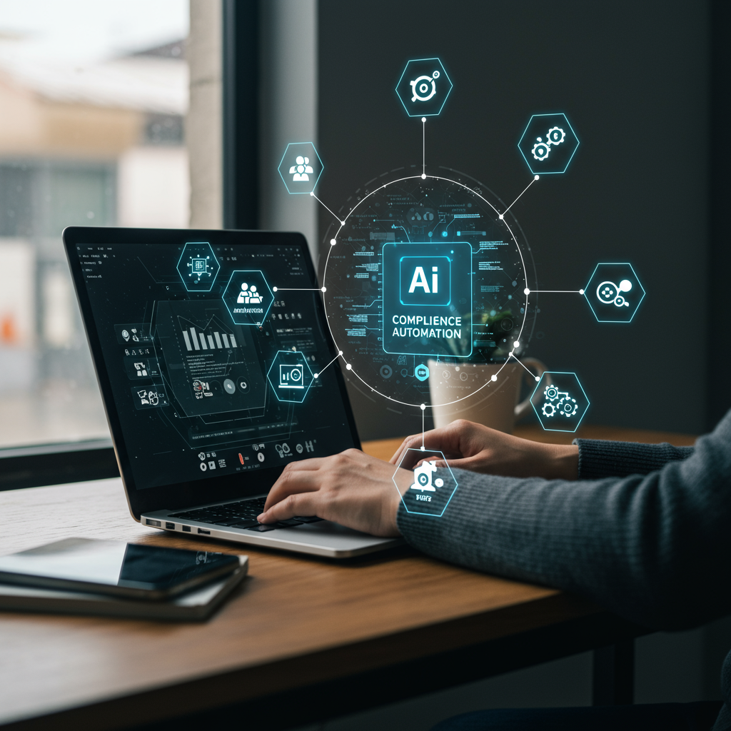 Small business owner using AI-powered compliance automation software on laptop in a modern office, surrounded by icons representing AI virtual employees, workflow automation, and regulatory compliance for SMEs on Shopify and WordPress platforms