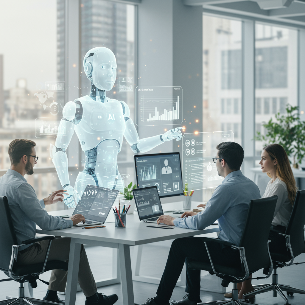 An AI virtual employee working alongside human content creators in a collaborative office setting, with digital interfaces displaying SEO content creation and automation tools