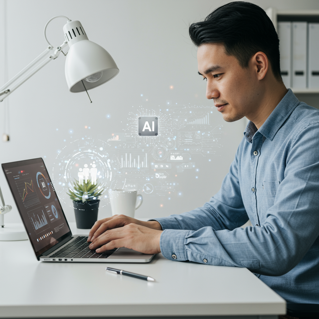 A small business owner using AI-powered tools on a laptop, optimising SEO content with tailored strategies, showing efficiency and customisation for business growth