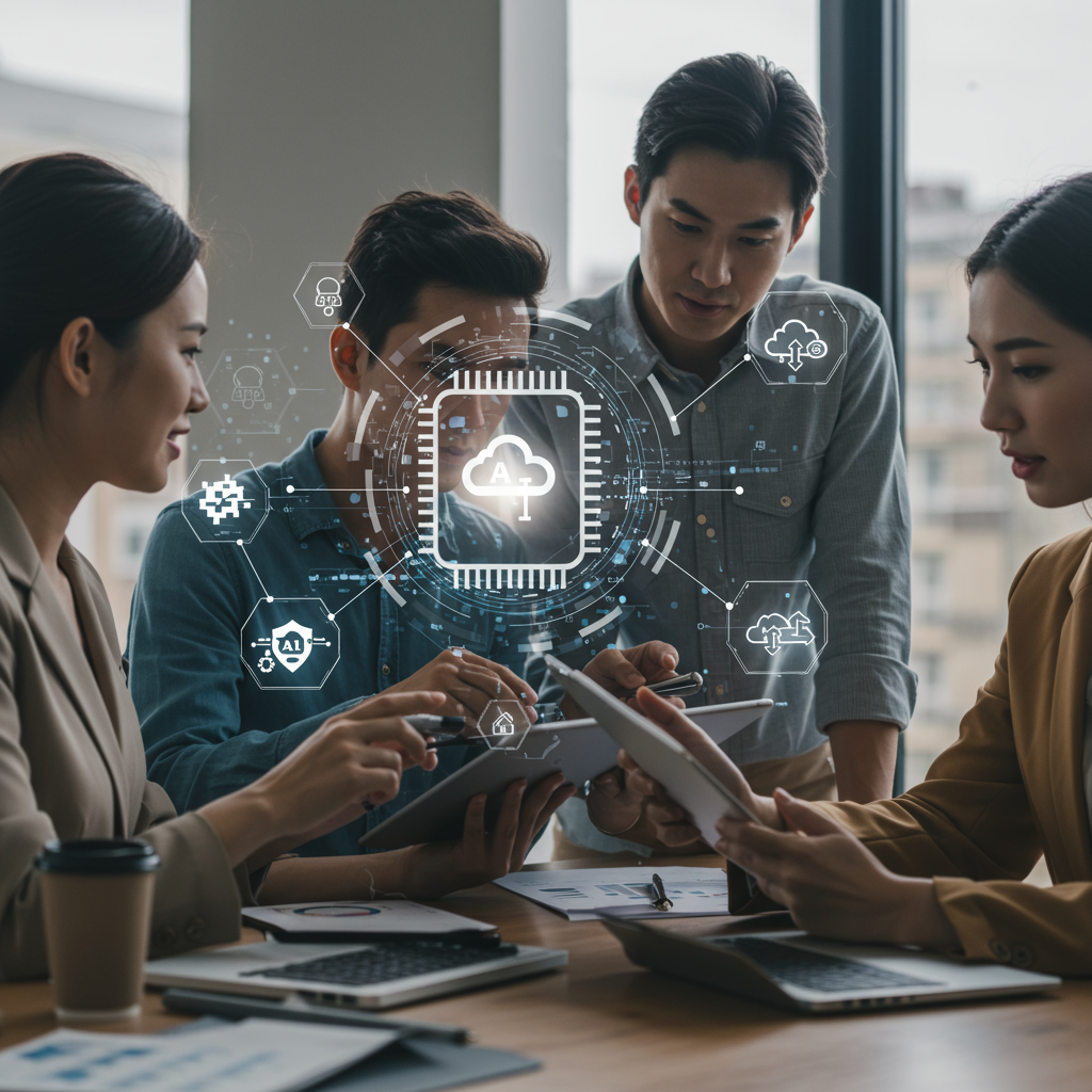 Diverse small business owners in a modern office discussing AI technology with digital icons representing AI services and automation around them