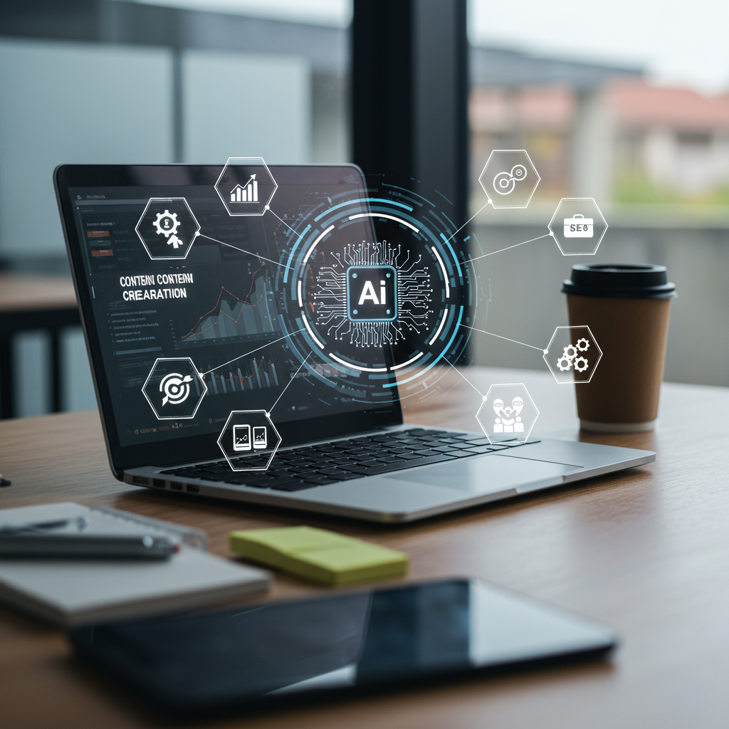 Modern office workspace with laptop showing AI-driven content creation software, surrounded by digital icons of automation, SEO, and business growth, symbolising AI-enhanced workflow automation for SMEs.