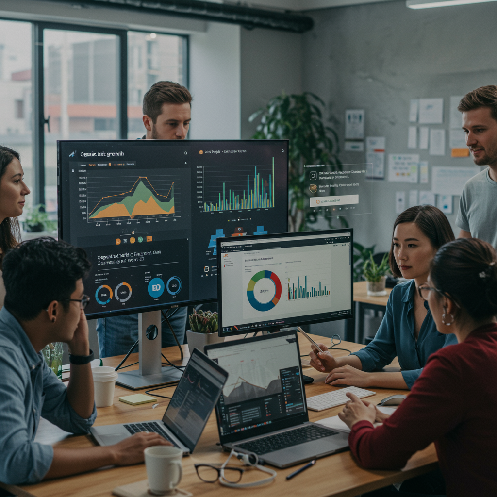 Startup team collaborating with AI marketing tools on WordPress and Shopify platforms, showing digital graphs of organic traffic growth and lead capture, vibrant tech workspace