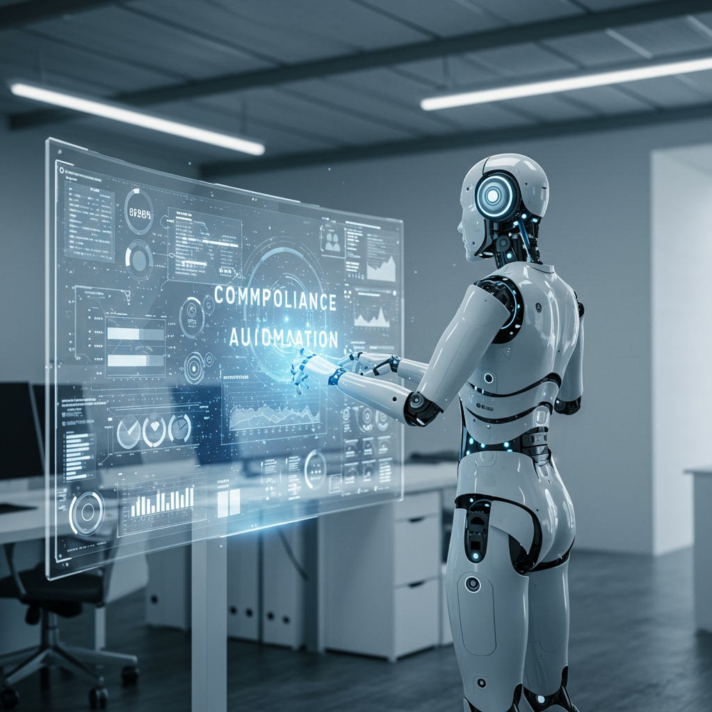 An AI virtual employee working on compliance automation for a small or medium enterprise, showing digital workflow and regulatory monitoring on multiple screens in a modern office environment