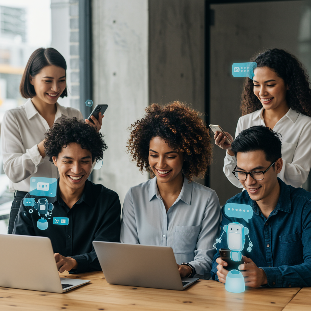 Diverse SME owners engaging with AI chatbots on various devices, representing no-code AI chatbot technology for customer service automation