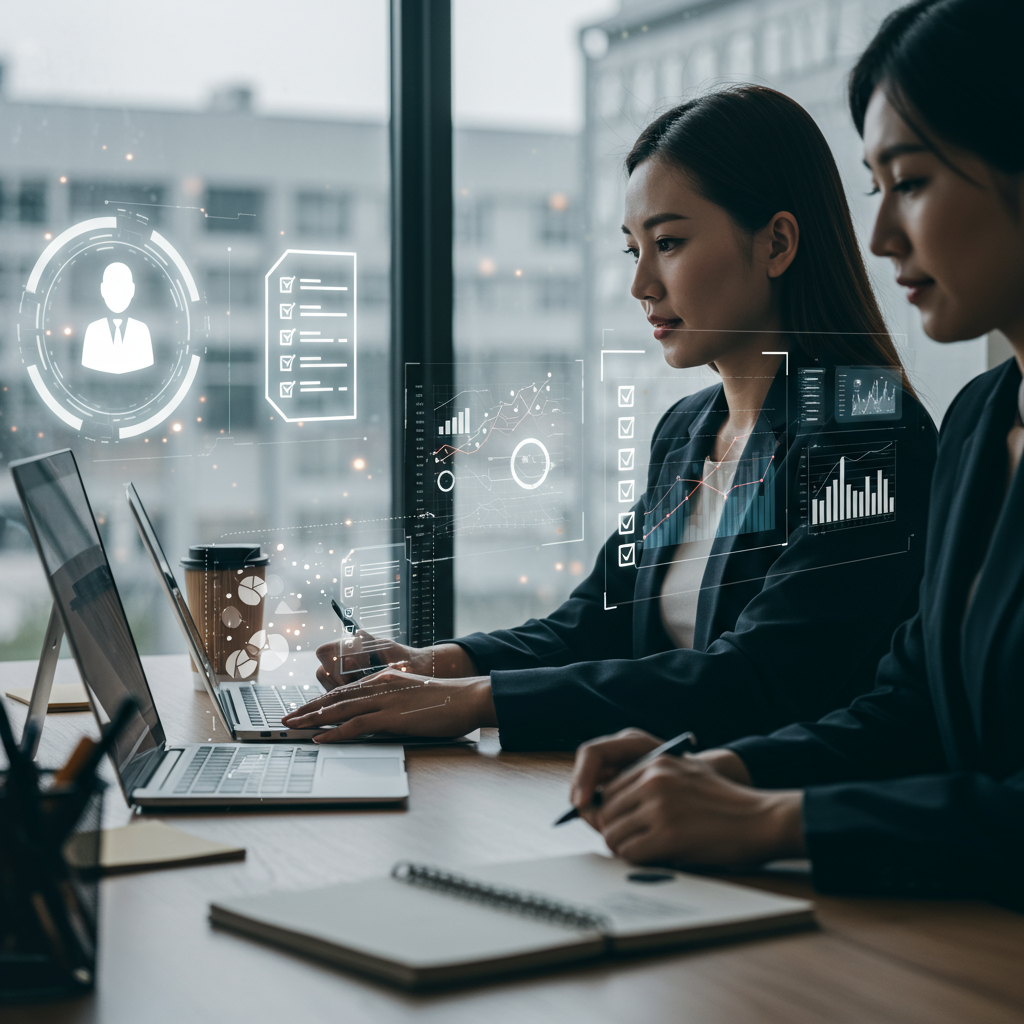 A modern office scene showing a small business team working with futuristic AI technology interfaces, symbolising AI agents automating compliance and governance tasks.