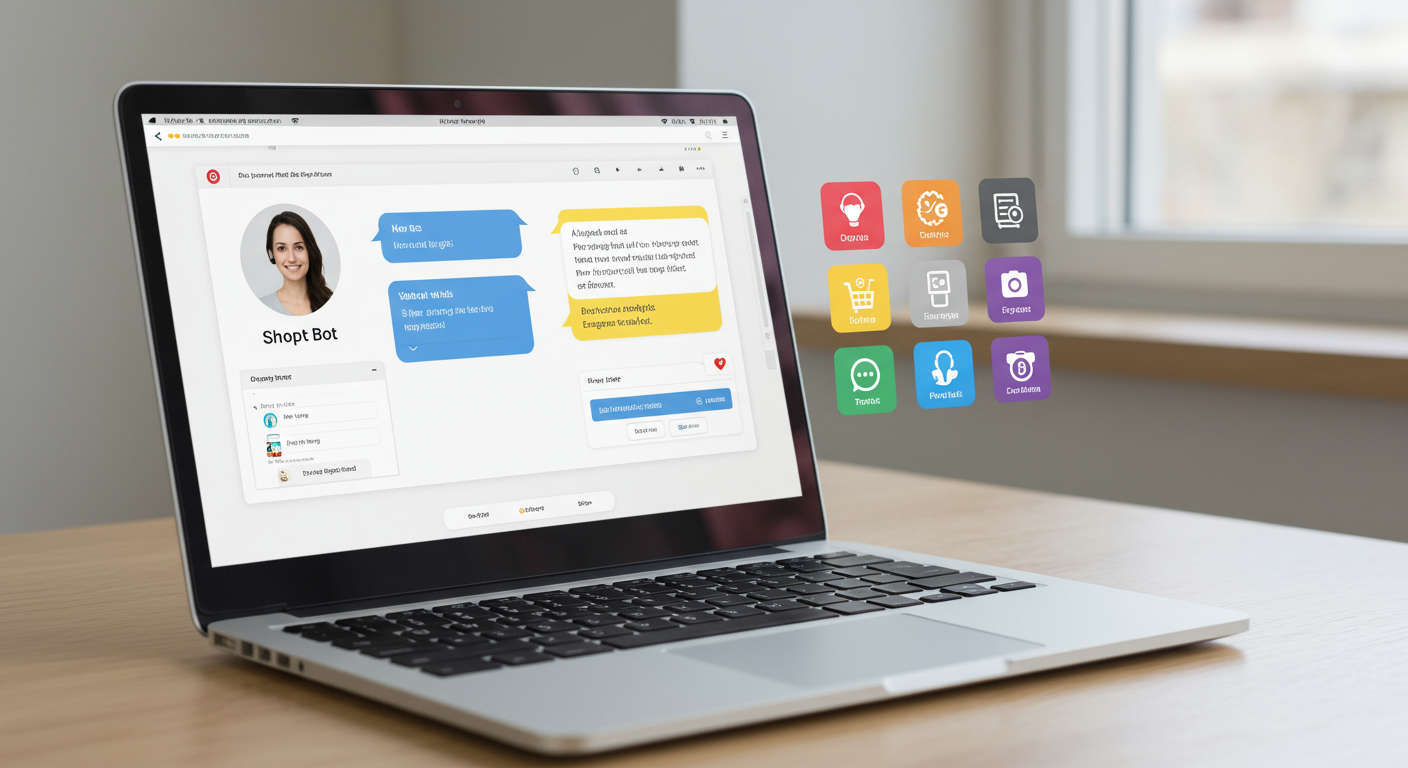 AI-powered chatbot interacting with a Shopify store visitor on a laptop screen, showing personalised messaging and behavioural analysis icons
