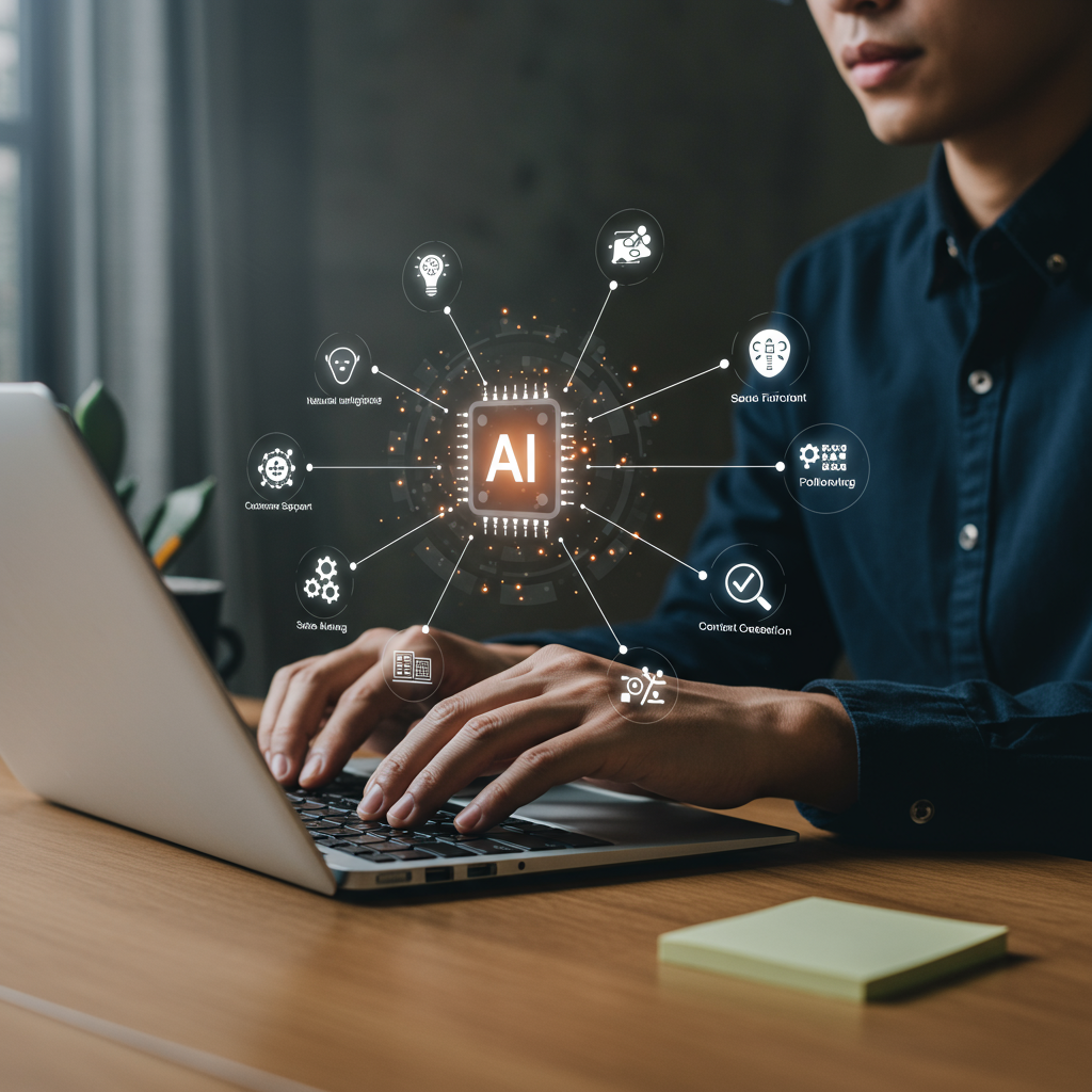 A small business owner using AI agents on a laptop, surrounded by icons representing natural language processing, machine learning, customer support, sales follow-ups, content creation, and inventory management in a modern office setting