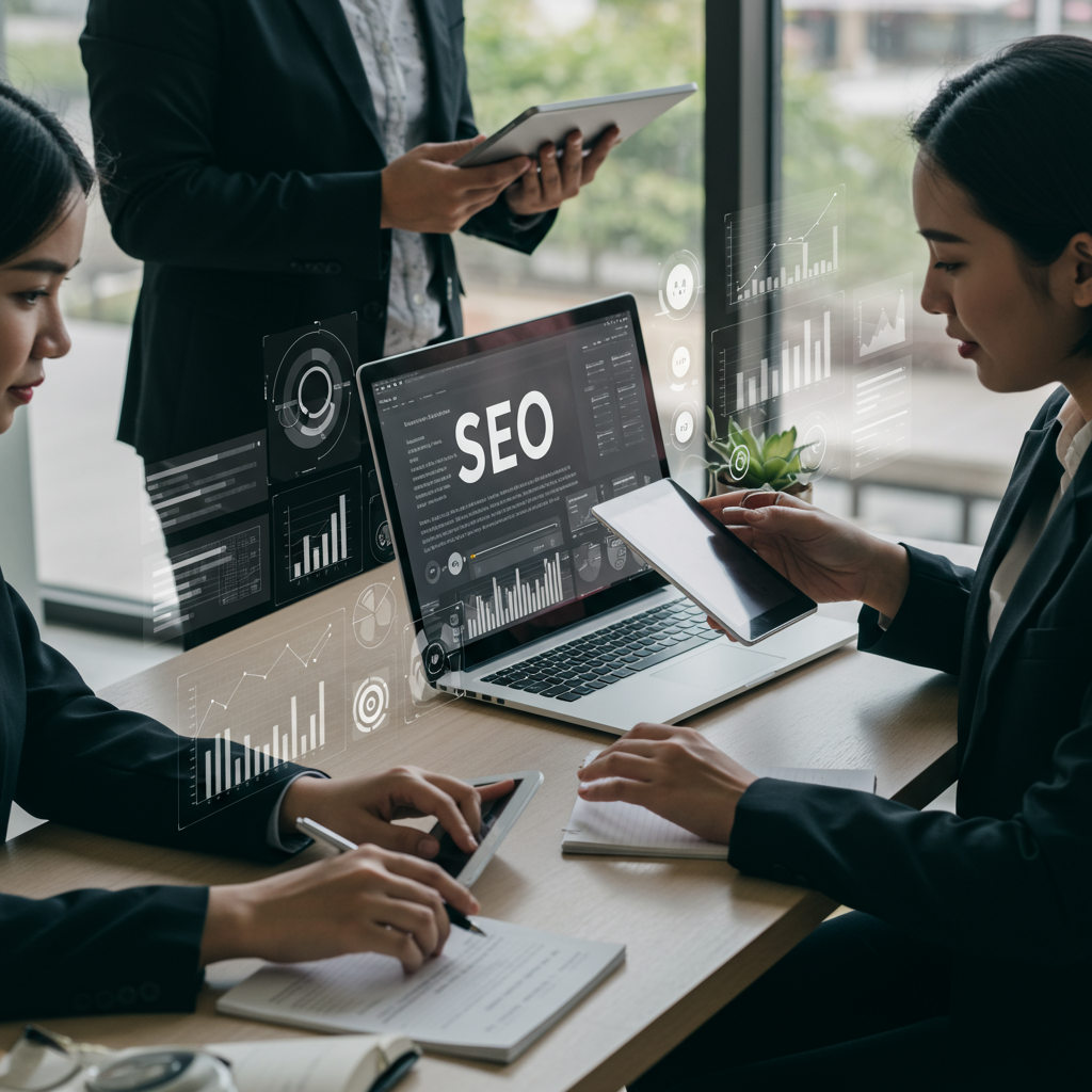 A diverse team of business professionals using a no-code SEO automation platform on laptops and tablets, with visual elements representing scalable SEO solutions for SMEs and large enterprises, including graphs and website analytics on screens.