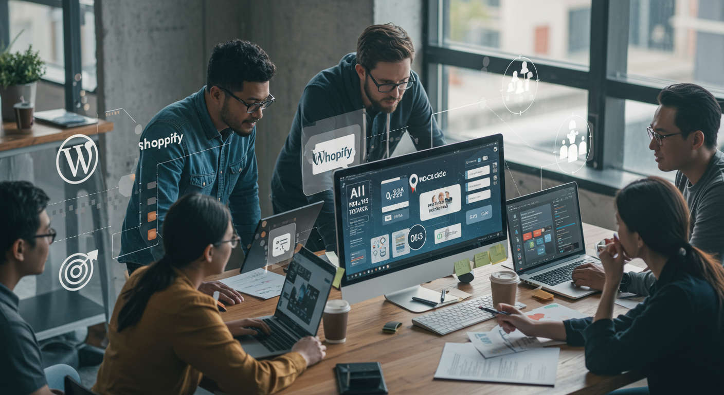 Diverse small business owners collaborating with AI technology on digital screens, featuring WordPress and Shopify integration for no-code AI automation workflows