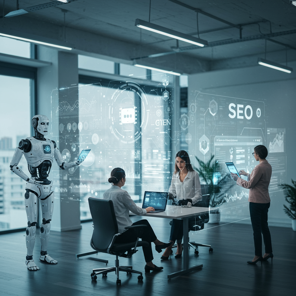A futuristic office environment showing a diverse team of humans and AI robots collaborating on digital content creation with holographic screens displaying data and SEO analytics.
