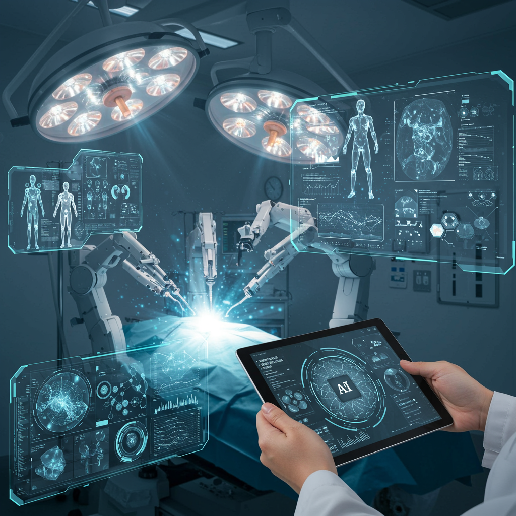 AI technology in healthcare showing robotic surgery, real-time patient monitoring, and personalised treatment plans, highlighting the integration of AI in medical diagnosis and treatment