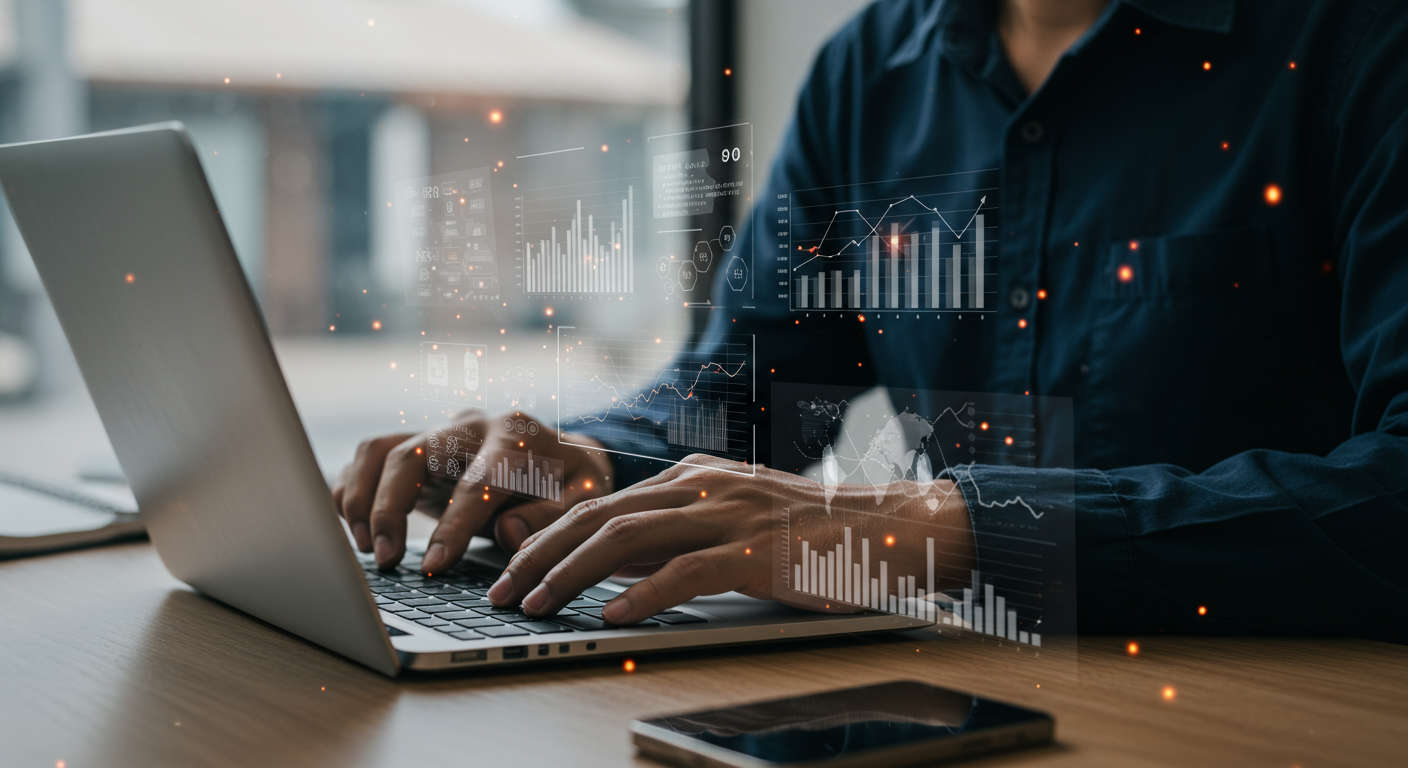 A small business owner using AI tools on a laptop to automate competitor research, with digital data and graphs floating around, representing SEO and marketing analytics, in a modern office setting