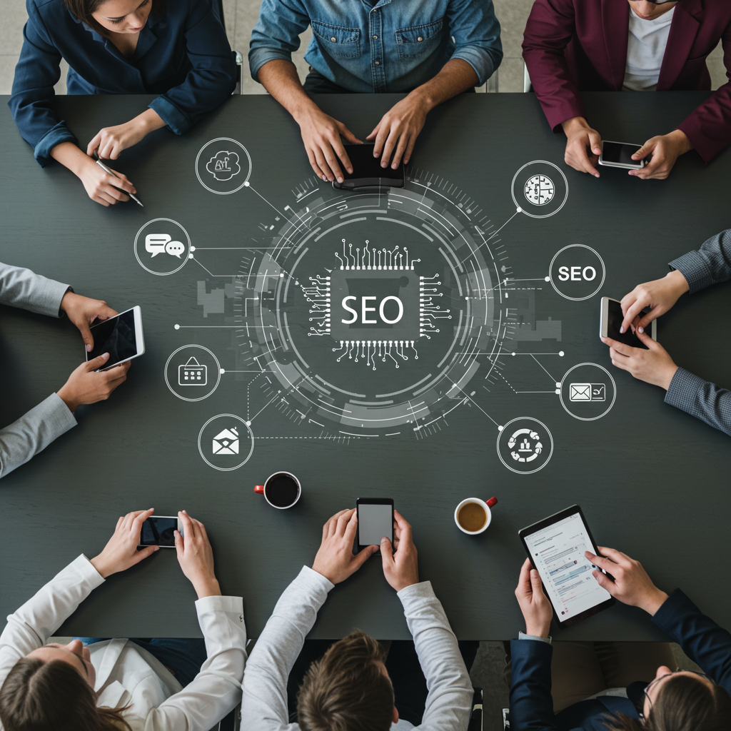 Diverse small business owners collaborating with digital devices, surrounded by AI, SEO, content creation, and workflow automation icons representing growth and modern business technology