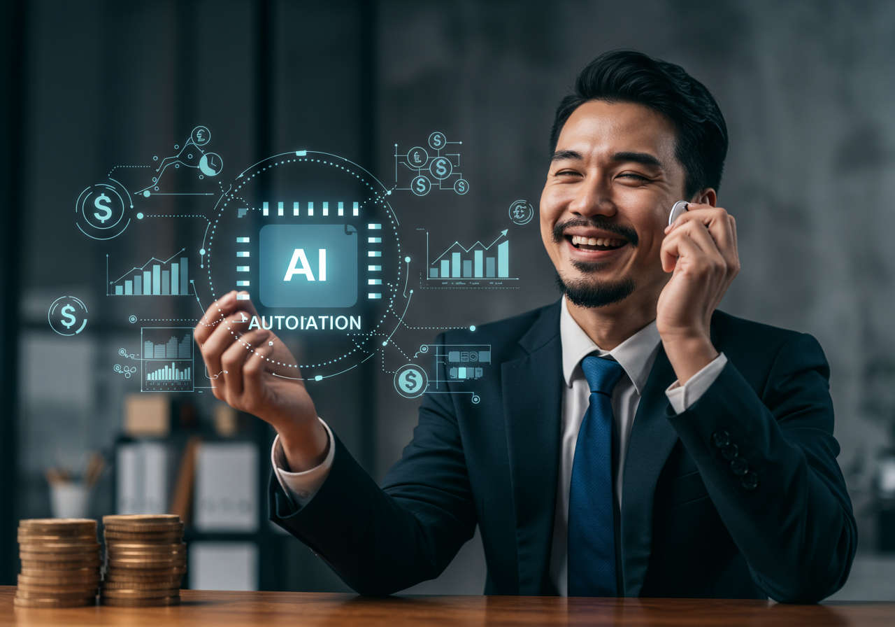 Small business owner happily saving time and money using AI automation, with visual elements like clocks, money symbols, and workflow automation icons to represent cost and time efficiency