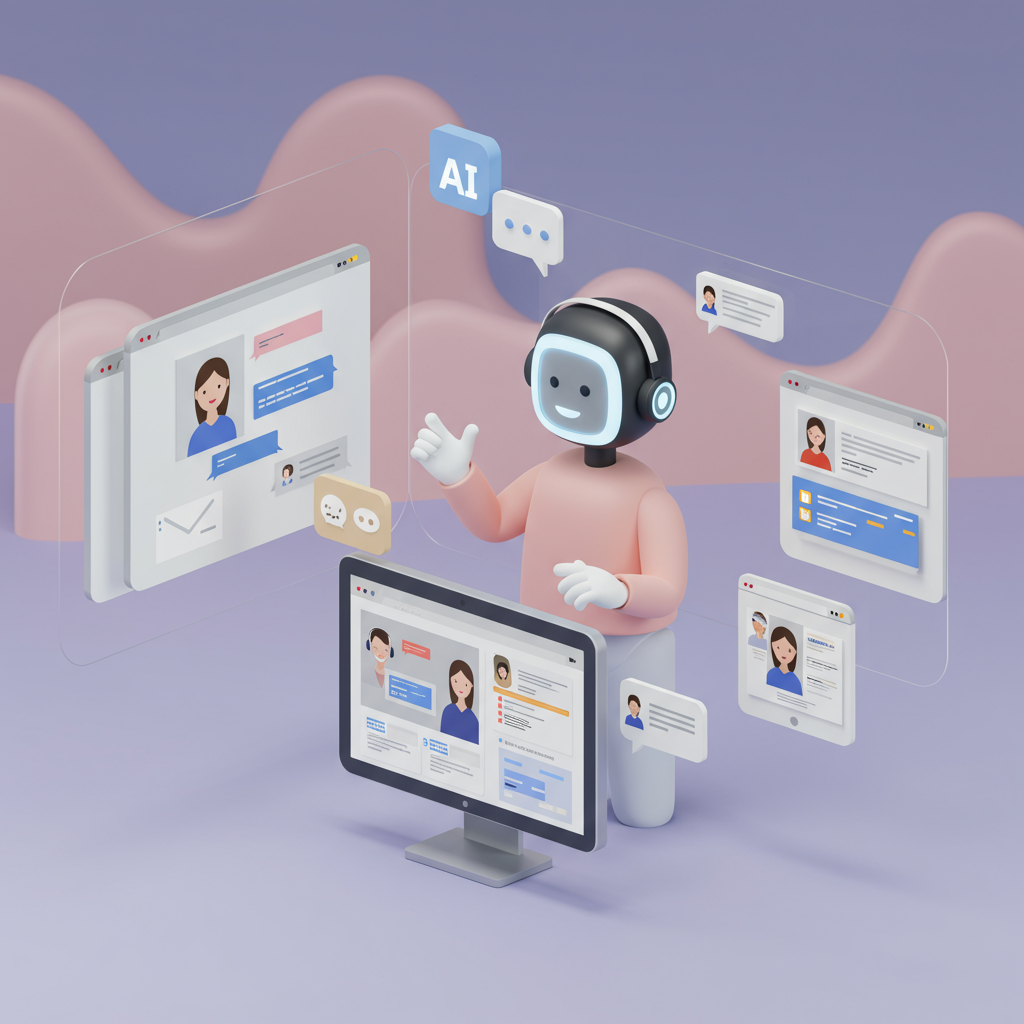 A friendly AI virtual employee interacting with customers on multiple digital devices, representing automation and personalised customer service for small and medium-sized enterprises