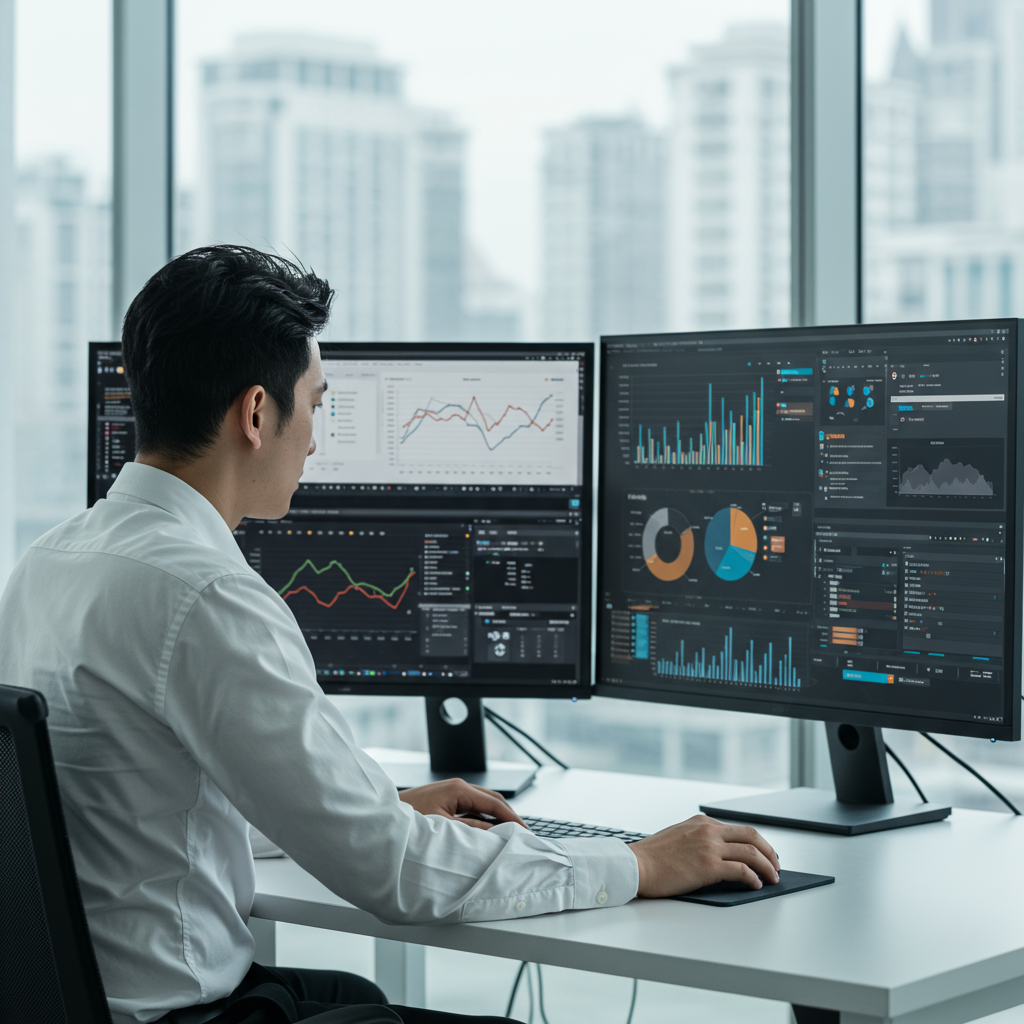 A business professional analysing SEO data on multiple computer screens, showing charts and graphs related to website traffic and keyword optimisation, in a modern office environment