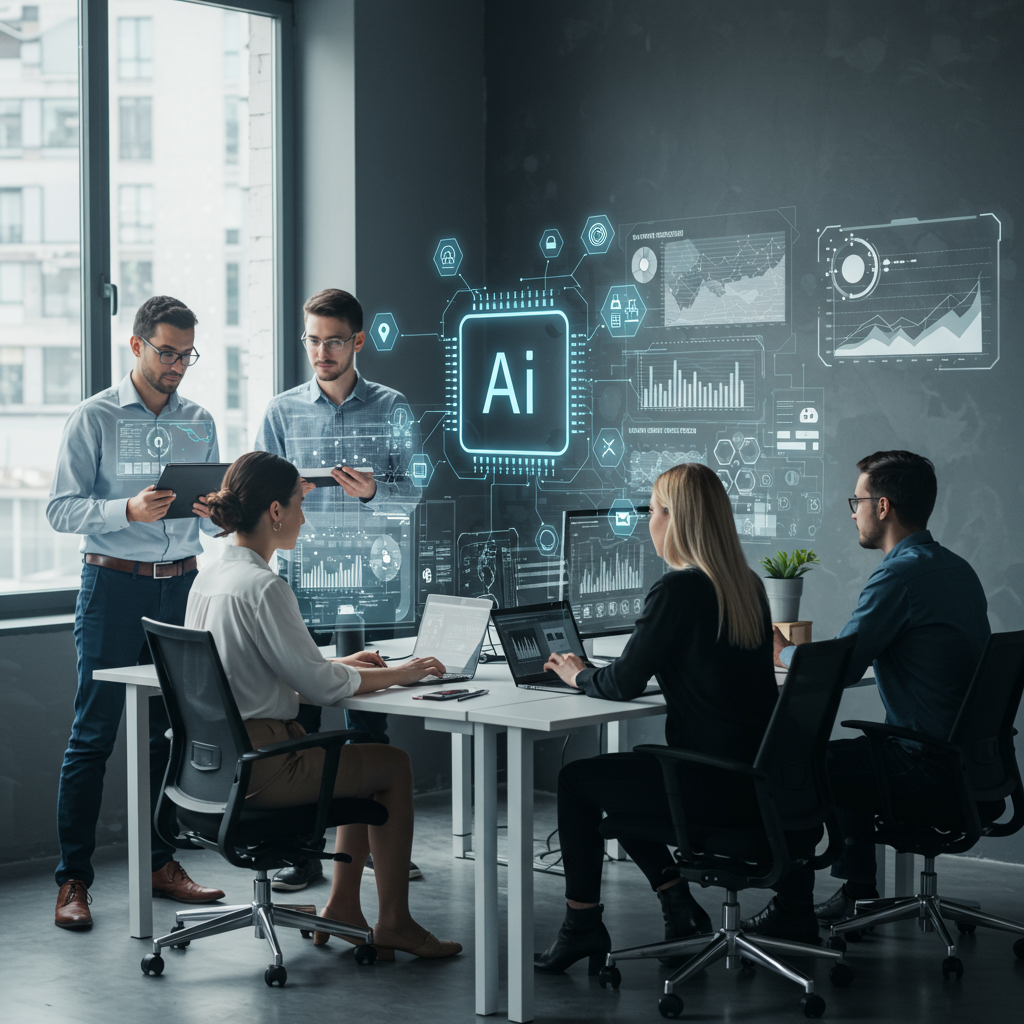 Diverse small business owners collaborating with AI technology in a modern office, showcasing digital screens with data and automated workflows for SME content creation and growth