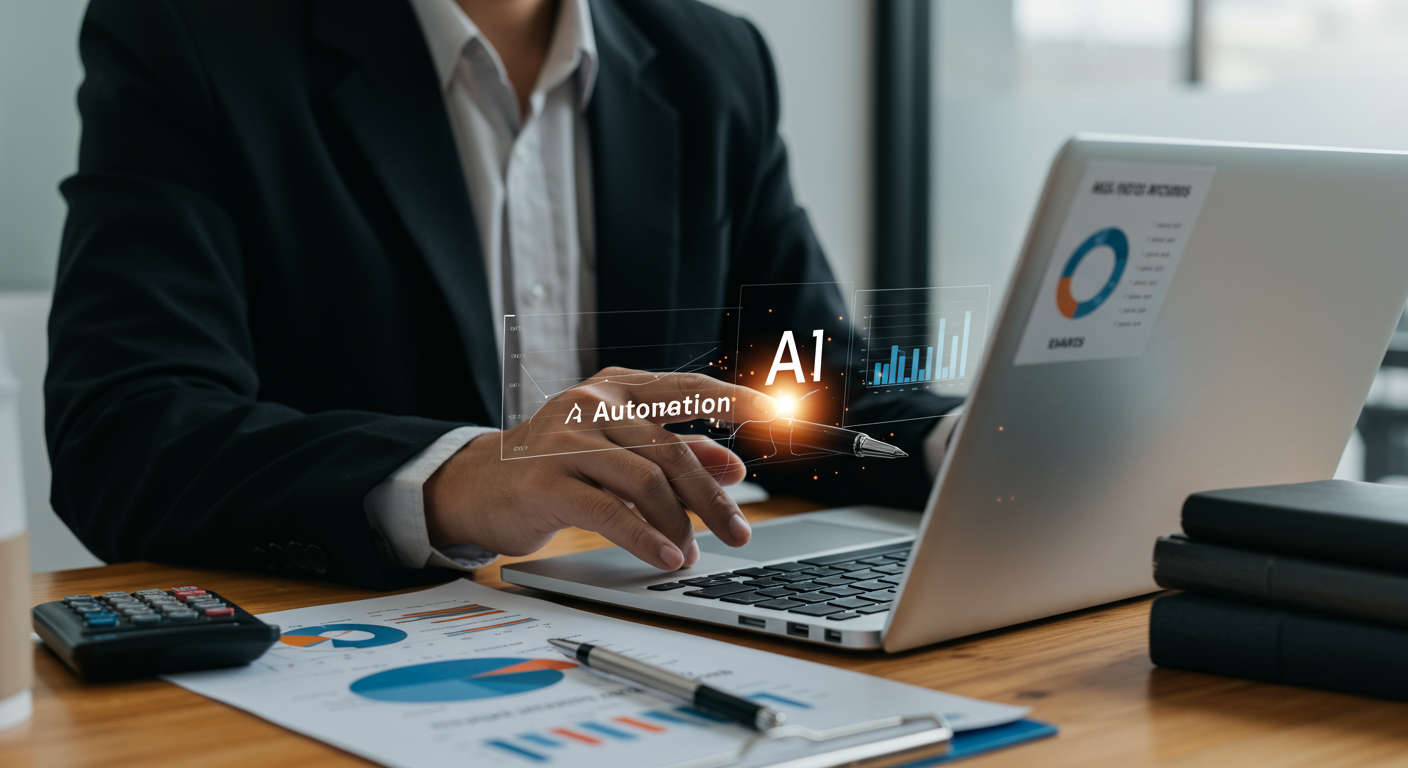 Small business owner analysing AI automation ROI on a laptop with charts and graphs on screen, modern office background