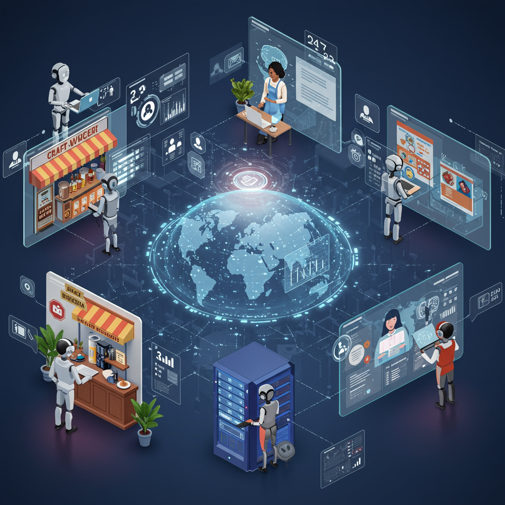 AI virtual employees working on lead generation tasks for small businesses, showing automation and digital marketing elements, diverse business types, modern technology, and 24/7 operation concept