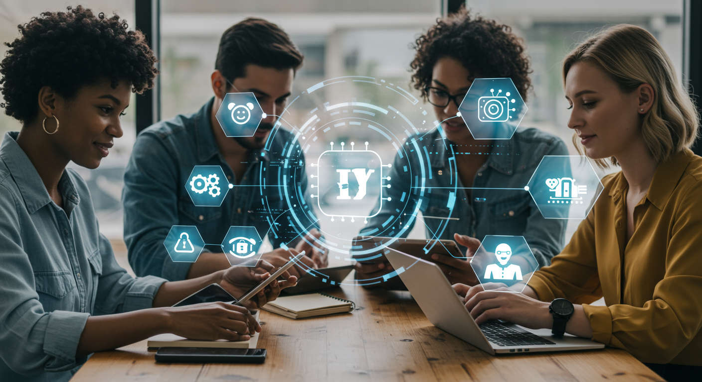 Small business owners and startup entrepreneurs using laptops with AI automation icons representing virtual assistants automating tasks on WordPress and Shopify platforms