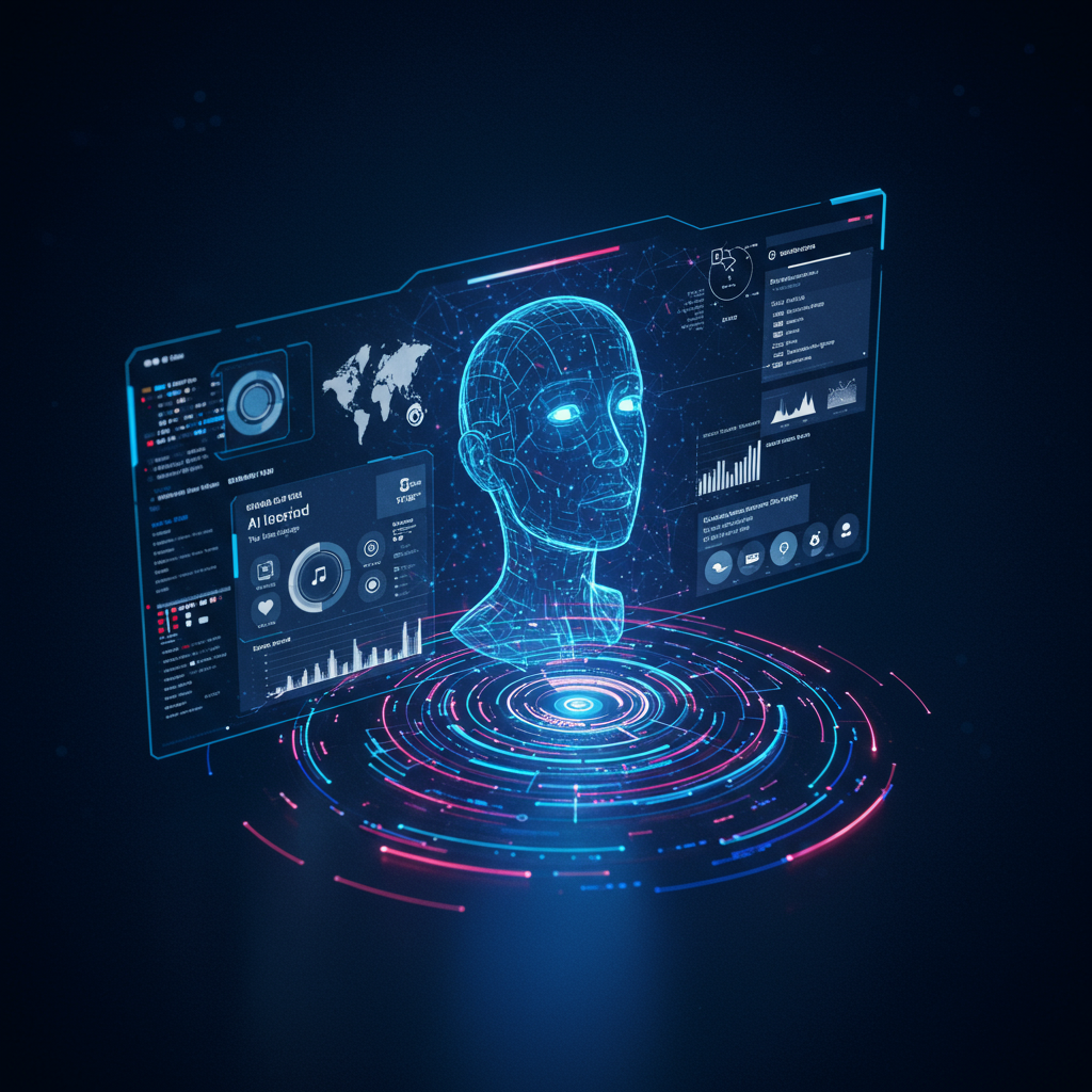 A futuristic AI interface showing conversational search with real-time data, citations, and generative AI features like text and image creation, representing advanced AI technology enhancing user experience