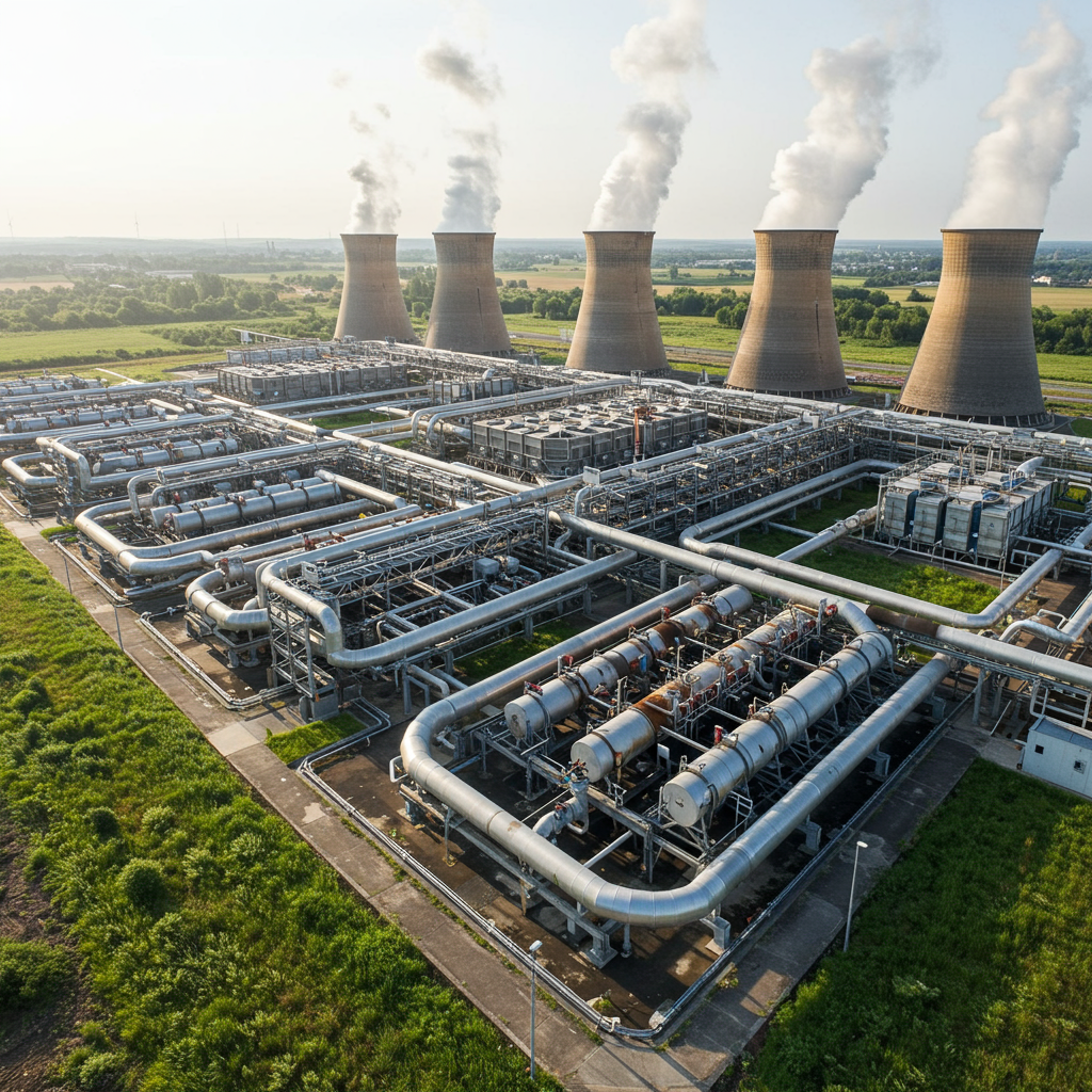 A large industrial data centre cooling system with water pipes and cooling towers, surrounded by greenery, highlighting environmental impact and water usage
