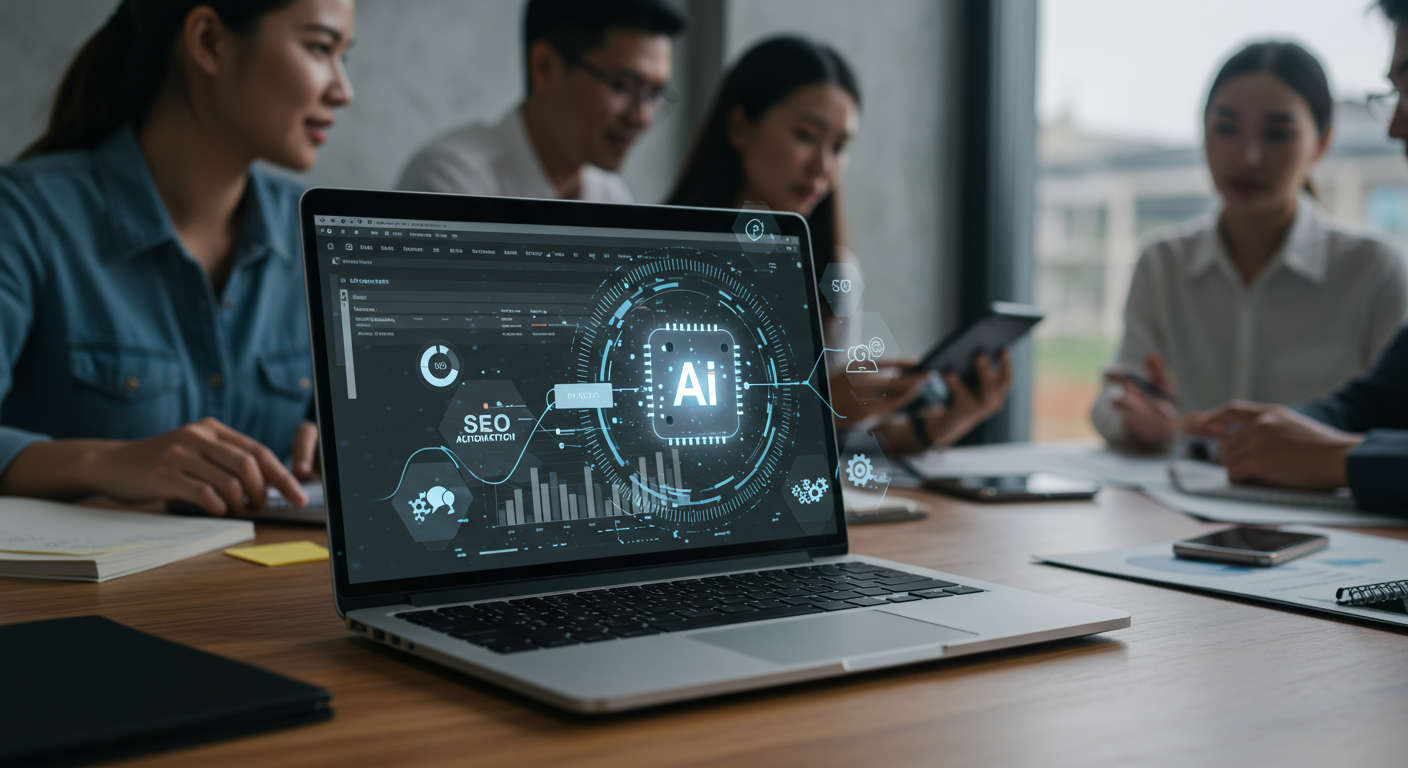 Modern small business office with laptop showing WordPress dashboard, AI virtual assistant hologram, and digital marketing icons representing automation, SEO, and lead generation in a bright professional setting with diverse business owners collaborating.