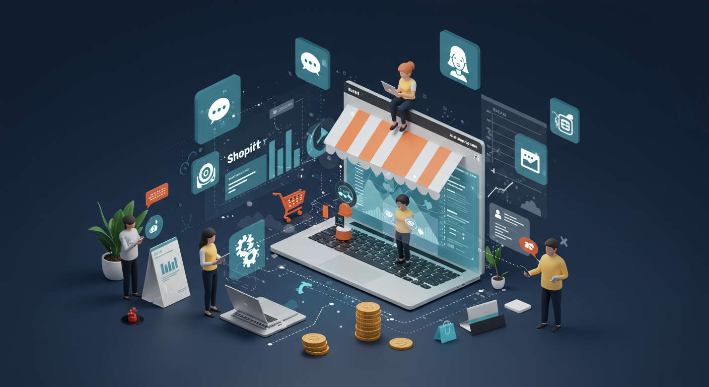 Modern Shopify online store interface with AI virtual assistants and automation icons, diverse small business owners using laptops and mobiles, digital data flow and sales growth charts in a clean, professional style